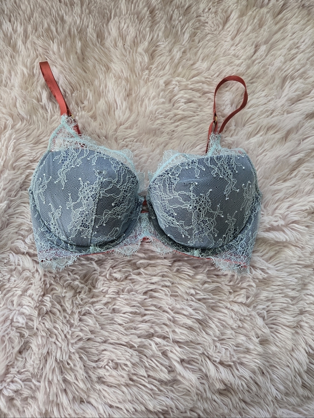 Victoria's Secret Pale Blue Lace & Satin Bra with Coral Straps